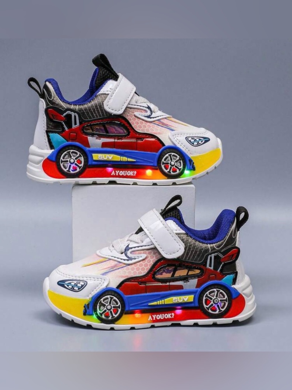 Kids Light-Up Car Sneakers in White, Red, Blue, Yellow